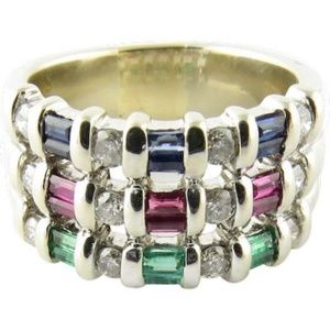 Vintage 14 Karat White Gold Natural Sapphire, Emerald and Ruby Ring Size 8 #3229